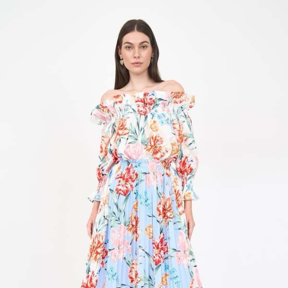 Christy Lynn Regina Top Ivory Garden Off Shoulder Ruffle Feminine Floral